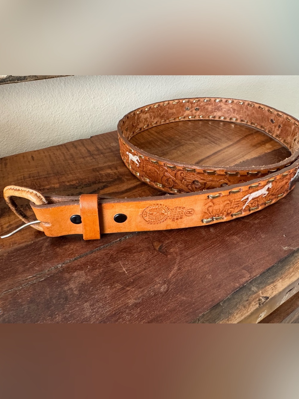 Tooled Leather Western Belt with Horse Motif - 38 (L) - Picture 2 of 8